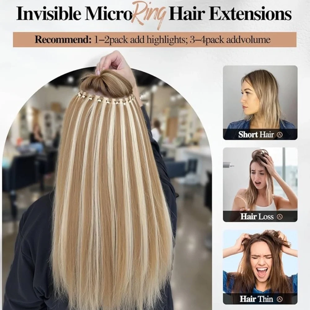Platinum Highlight Golden Blonde Remy Human Hair Seamless Micro Ring Extensions
